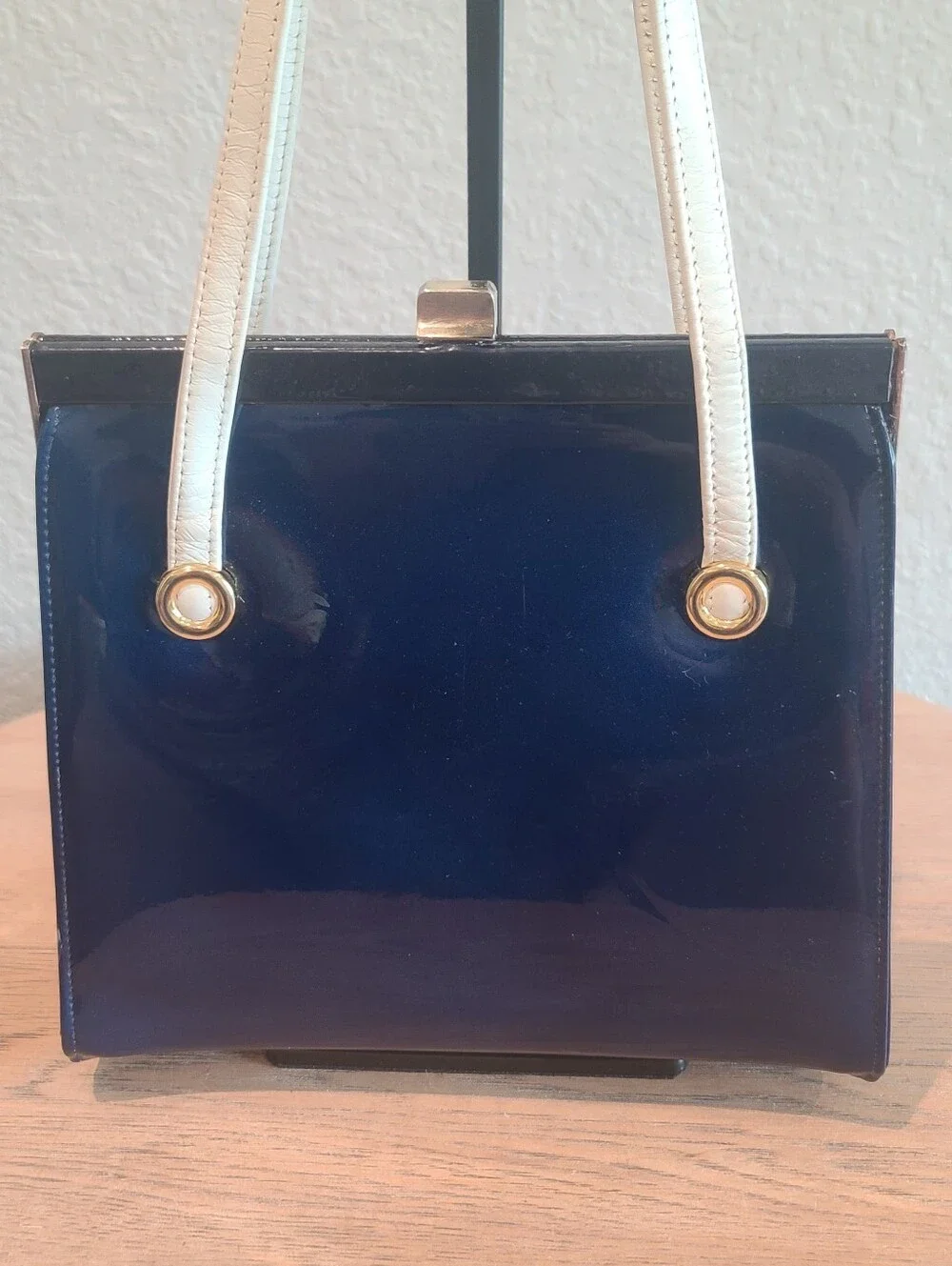 Vtg 1960s Navy & White Patent Color Block Structured Top Handle Handbag Mod Box